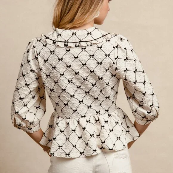 BiBi Bow Prints-patterns Ruffle Collar Details Peplum Top - Picture 2 of 7